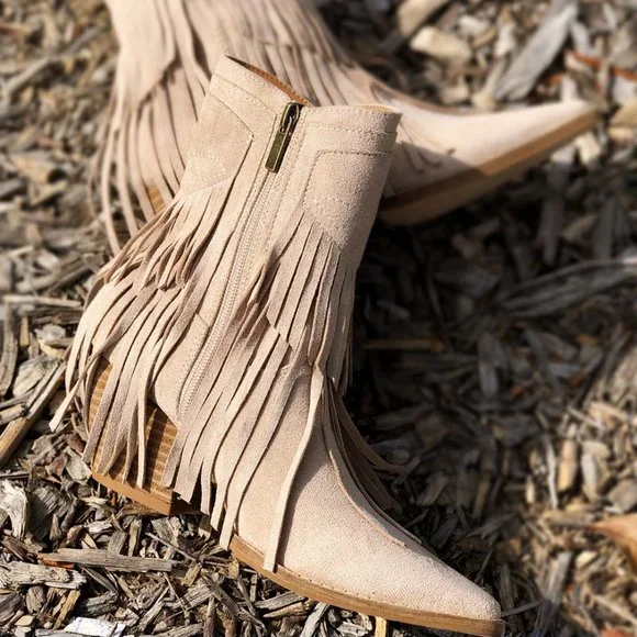 NEW Fringe Tassel Faux Suede Pointy Toe Block Heel Western Booties Boots Taupe - Picture 13 of 14